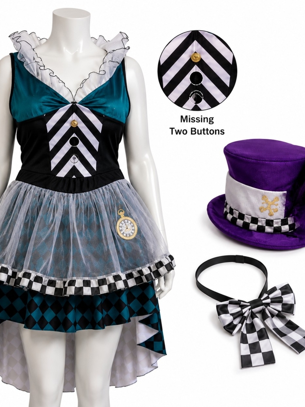 Leg Avenue Mad Hatter Costume Dress 3X/4X Plus Size Teal Black White